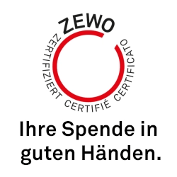 ZEWO-Logo mit animiertem Haken und der Bildunterschrift "Ihre Spende in guten Händen".