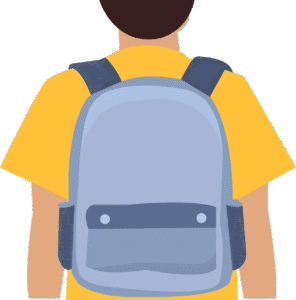 Das Bild ist illustriert und zeigt eine Person mit kurzen braunen Haaren von hinten. Die Person hat ein gelbes T-Shirt an und trägt einen grauen Schulranzen.